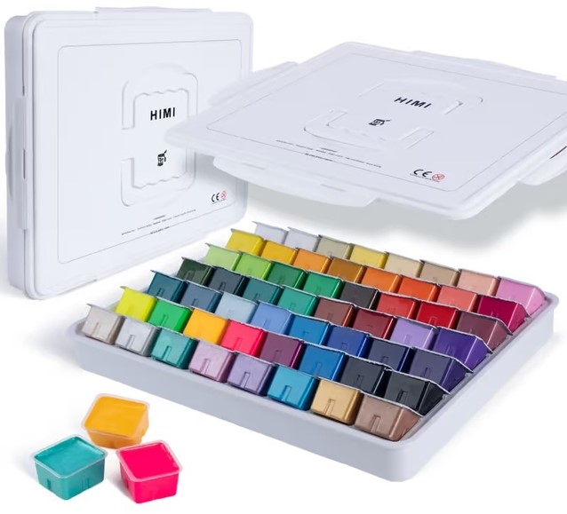 HIMI Gouache Paint Set, 56 Colors x 30ml Includes 8 Metallic and 6 Neon Colors, Unique Jelly Cup Design In A Carrying Bag, Perfect for Artists, Students, Gouache Covering Watercolor Paint